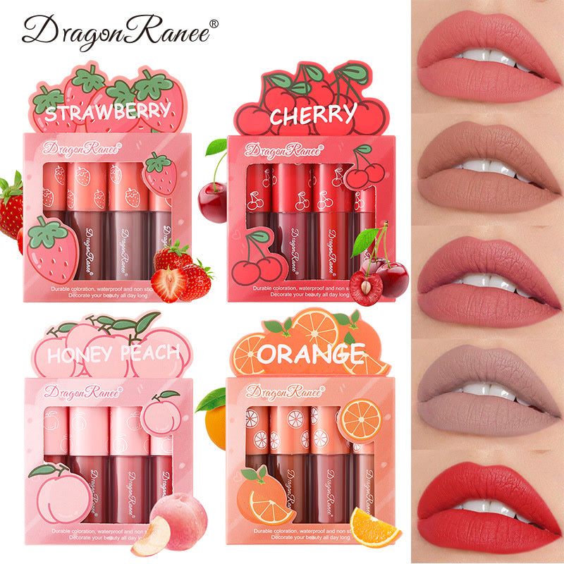 Mini Velvet Matte Lip Gloss Set, 4-Piece Non-Fading, Non-Stick Cup, Long-Lasting Fruit Scented Lip Tint, Smooth and Lightweight