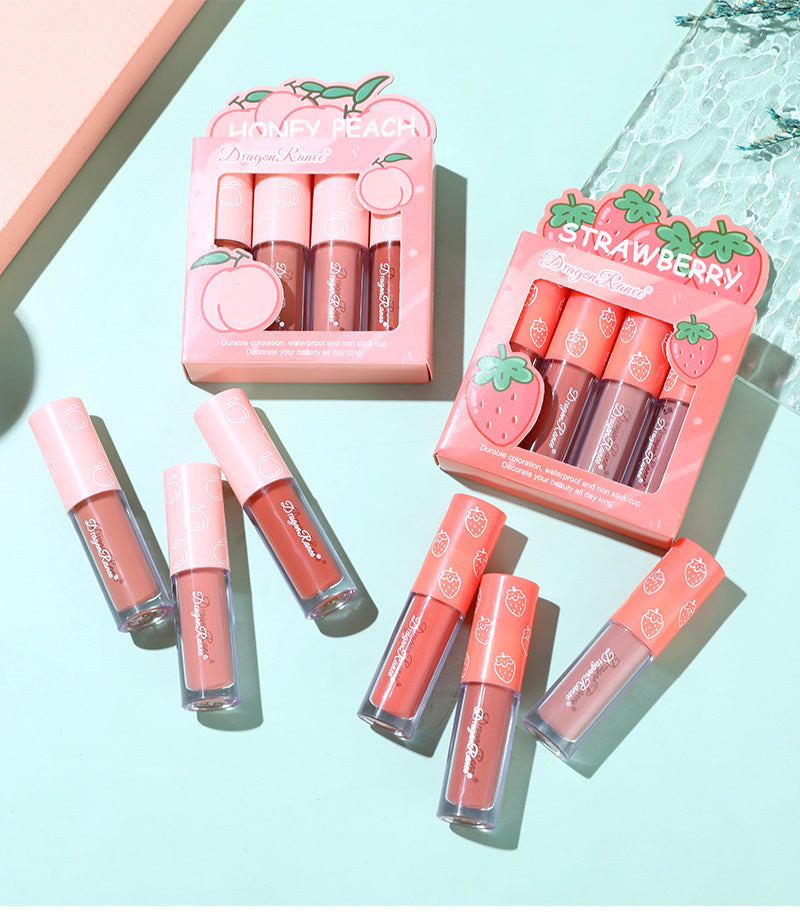 Mini Velvet Matte Lip Gloss Set, 4-Piece Non-Fading, Non-Stick Cup, Long-Lasting Fruit Scented Lip Tint, Smooth and Lightweight