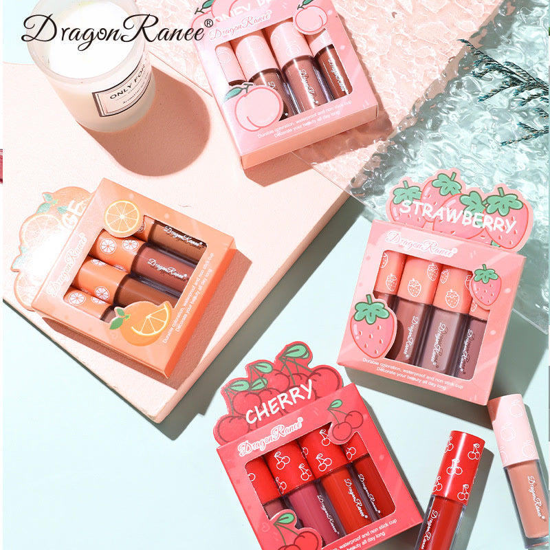 Mini Velvet Matte Lip Gloss Set, 4-Piece Non-Fading, Non-Stick Cup, Long-Lasting Fruit Scented Lip Tint, Smooth and Lightweight