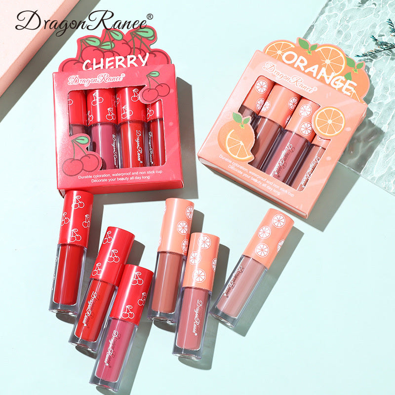 Mini Velvet Matte Lip Gloss Set, 4-Piece Non-Fading, Non-Stick Cup, Long-Lasting Fruit Scented Lip Tint, Smooth and Lightweight