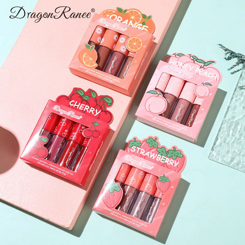 Mini Velvet Matte Lip Gloss Set, 4-Piece Non-Fading, Non-Stick Cup, Long-Lasting Fruit Scented Lip Tint, Smooth and Lightweight